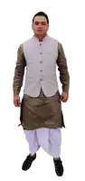 a man wearing a brown kurta and a white vest is standing in front of a white background