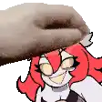 a cartoon character with red hair is smiling while a hand is holding a donut on her head .