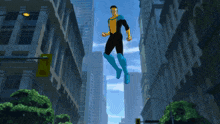 a man in a superhero outfit is flying through the air