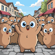 a cartoon drawing of a group of bears walking down a street