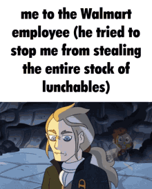 a cartoon of a man and a woman with the words " me to the walmart employee " on top