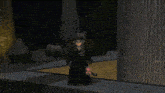 a cartoon character is standing on a sidewalk in a dark room .