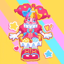 a pixel art drawing of a clown with hearts and stars surrounding her