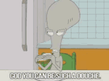 a cartoon character is sitting at a table with a plate of food and the words god you can be such a douche