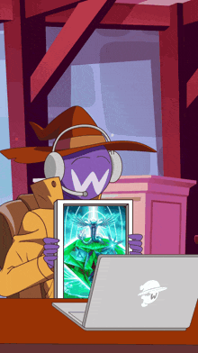 a cartoon character wearing headphones and a hat has the letter w on his head