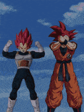 a cartoon of goku and vegeta standing next to each other with a blue sky in the background