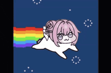 a cartoon of a girl with pink hair and a rainbow behind her