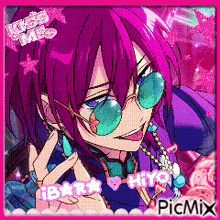 a purple haired anime character with sunglasses and a necklace