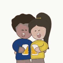a boy and a girl holding beer mugs together