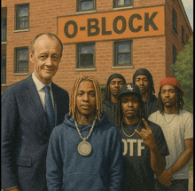 a group of men standing in front of a brick building with a sign that says o-block