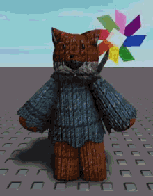a teddy bear wearing a blue sweater and scarf is holding a colorful windmill .