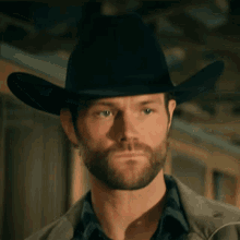 a man with a beard is wearing a cowboy hat