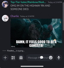 a screenshot of a chat between charlie and top tier hater / rainbow / noa