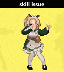 a pixel art of a girl in a maid outfit with the words skill issue written above her