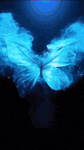 a blue butterfly is flying in the dark with smoke coming out of its wings