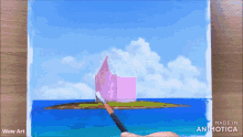 a painting of a house on a small island in the middle of the ocean