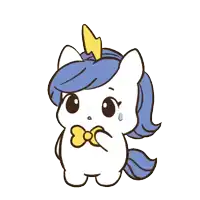 a white unicorn with a blue mane and a yellow horn