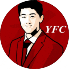 a drawing of a man in a red suit and tie with the word yfc behind him