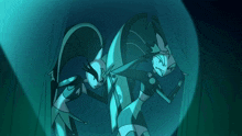 a couple of cartoon characters standing next to each other in a dark room