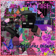 a picture of a minecraft character surrounded by flowers and butterflies with the caption malicious intent