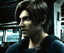 a close up of a man 's face with a backpack on his shoulder