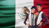 two men standing in front of a mexican flag with an eagle on it