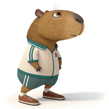 a cartoon capybara wearing a white shirt and blue shorts is standing on a white background