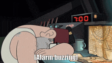 a cartoon says alarm buzzing in front of a clock