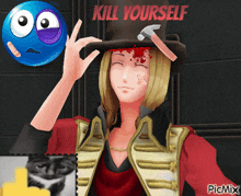 a picture of a woman with a smiley face and the words kill yourself on the top