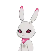 a white rabbit with pink ears and a pink m on her neck