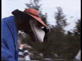 a man wearing a red hat and a blue shirt is standing in the woods .