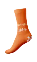 a pair of orange socks with a snowflake on the bottom that says i srne u birne stokne