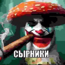a clown is smoking a cigar and wearing a mushroom hat and sunglasses .
