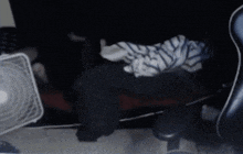 a fan is sitting next to a person laying on the floor
