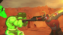 a cartoon drawing of a robot with a sword and a shield