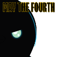 a penguin says may the fourth with a blue light saber