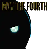 a penguin says may the fourth with a blue light saber