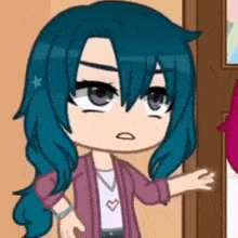 a cartoon girl with blue hair is standing in front of a door and talking to another girl .