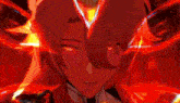 a close up of a person 's face in a video game with a red background .