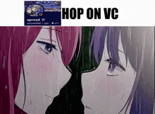 a picture of two girls kissing with the words hop on vc above them