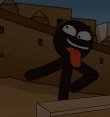 a black stick figure with a red tongue sticking out is smiling