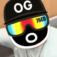 a person wearing a hat and goggles with og 76ed on it