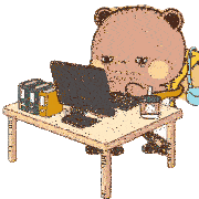 a cartoon of a bear sitting at a desk with a computer