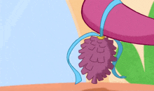 a cartoon drawing of a purple object with a blue ribbon around it