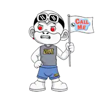 a cartoon character is holding up a flag that says call me