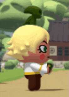 a cartoon character with blonde hair and green eyes is standing in front of a building