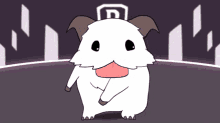 a cartoon drawing of a white dog with a letter r on its head