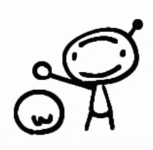 a black and white drawing of a stick figure with a smiley face and a bicycle .