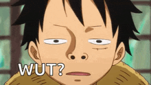 a close up of a cartoon character 's face with the words wut written on it .