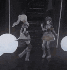 a couple of anime girls standing next to each other in a dark room